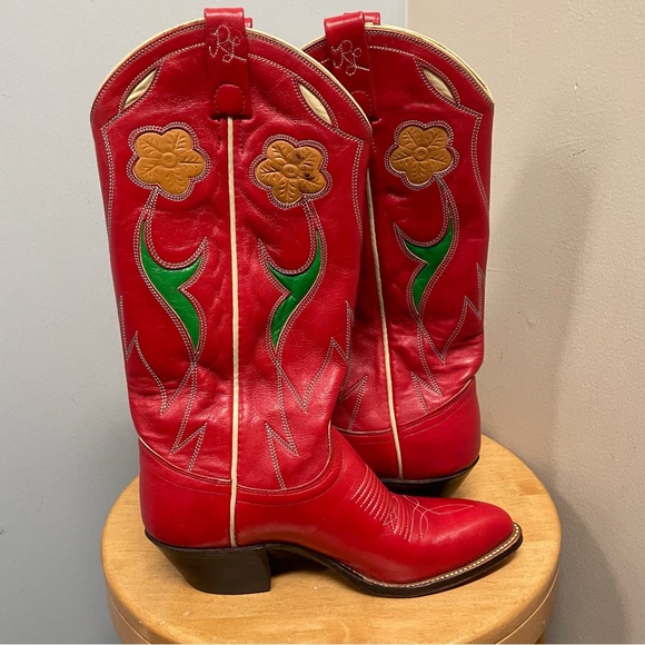 Polo Ralph Lauren Selene Western Cowboy Boot Red Leather with Green Inlay Size 6 - Picture 2 of 8